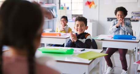 Education, applause or students in a classroom, smile or knowledge with creativity, lessons or celebration. Growth, children or kids with inspiration, clapping or excited with achievement or solution