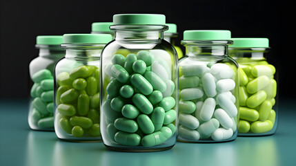capsules de médicaments dans des bocaux en verre - obrazy, fototapety, plakaty