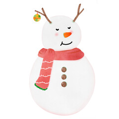 The snowman wears a red scarf decorated with antlers and decorated with Christmas ball