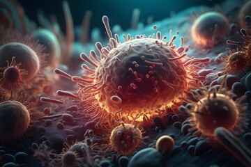 A microscopic close-up image of a virus attacking a cell.