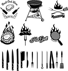 Bbq and grill design elements. Cow heads. Kitchen tools. Steaks. Raw meat. Grilled fish.