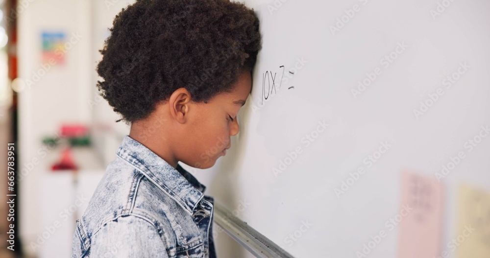 Poster math class, sad child at board for education, learning and problem solving for skill development. bo