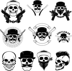 Set of  gangsta skulls isolated on white background. Design element for t-shirt print, poster, sticker. Vector illustration.