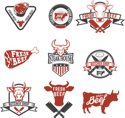 Set of fresh beef labels. Cow meat. Butcher shop. Fresh meat. Design elements for logo, label, emblem, sign, brand mark. Vector illustration.