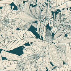 Line magnolia, dahlia flowers,  tropical leaves hand drawn line art background. Wallpaper design for print, poster, cover, banner, fabric, invitation. Digital vector illustration. - 663784121