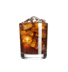 Cola glass with ice cubes on white.