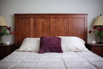 a detailed cherry wood headboard on a bed