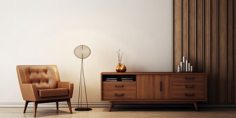 A brown chair and a table with a brown cupboard have a classic, simple and elegant concept