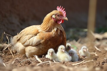 Fototapeta premium a hen with chicks pecking grain