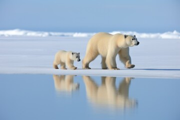 a polar bear and cub walking side-by-side on ice