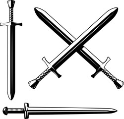 Set of knight's swords. Design element for emblem, sign, label. Vector illustration