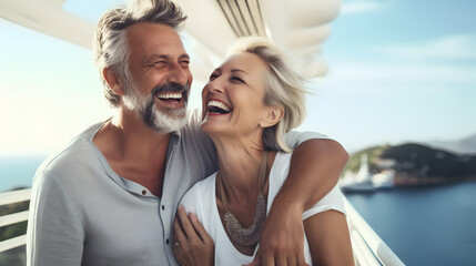 Happy senior white, caucasian couple on the deck of a cruise ship in the mediterranean - Powered by Adobe