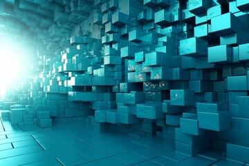 A meticulously designed wall made of differently sized blocks in shades of blue and turquoise, against a modern technological background. It is rendered in 3D. Generative AI