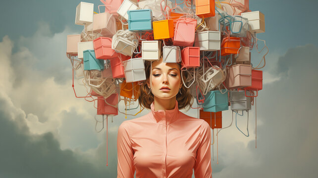 Think outside the box, woman with cardboard around head, creative mind, brainstorming for new ideas, be innovative, no limitation
