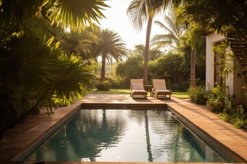 sunlit pool in a backyard of a rental villa