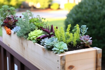 diy wooden planter box filled with succulents - obrazy, fototapety, plakaty