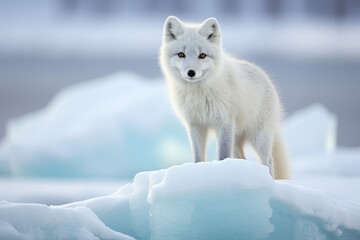 arctic fox stand on ice floe in winter landscape
