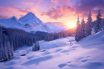 Amazing morning winter landscape with mountains. Generative AI