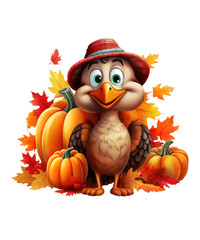 cute turkey cartoon wearing hat and scarf with maple leaves and pumpkin isolated ai generative