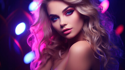 High Fashion model girl in colorful bright sparkles and neon lights posing in studio, portrait of beautiful sexy woman, trendy glowing make-up. Art design colorful make up. Glitter Vivid neon makeup