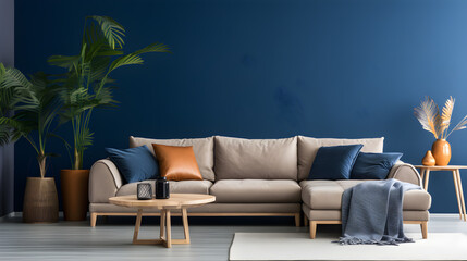 A chic living room design incorporating a beige corner sofa harmoniously with dark blue walls - obrazy, fototapety, plakaty