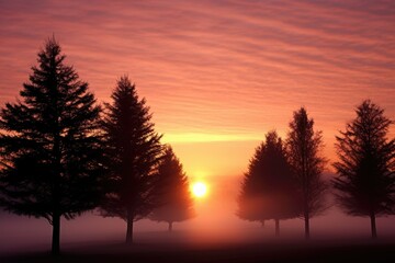 silhouettes of trees in sunrise mist