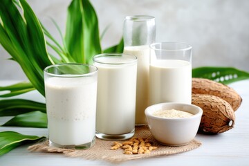 Obraz na płótnie Canvas plant-based milk alternatives resting on a kitchen table