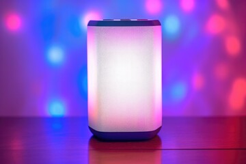 smart speaker against a minimalist background with leds glowing