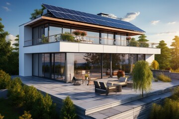 City house with a photovoltaic system on the roof - obrazy, fototapety, plakaty