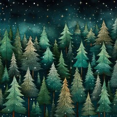 Obraz premium Festive December Illustration: Joyful Yuletide Forest in Childlike Drawing Style, Ideal for Seasonal Design Projects