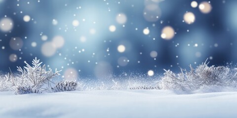 Frosty Christmas Serenity: Snowy Spruce Branches with Bokeh Lights and Space for Text