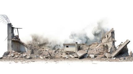 Residential building after rocket or bomb attack on white background