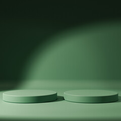 3d display product green minimal scene with geometric podium platform. cylinder background 3d rendering with podium. stand for cosmetic products. Stage showcase on pedestal 3d green studio