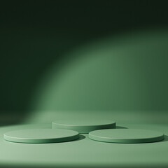 3d display product green minimal scene with geometric podium platform. cylinder background 3d rendering with podium. stand for cosmetic products. Stage showcase on pedestal 3d green studio