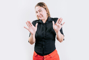 People with face disgusted on isolated background.. Person with disgust face isolated. Latin girl...