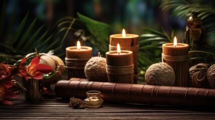 Obraz na płótnie Canvas Relaxing Holiday Spa: A Christmas-Themed Massage with Wellness Objects on a Wood Plant Background