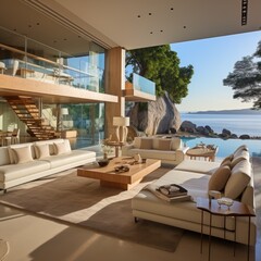 Fototapeta premium Home interior design of modern living room near lake