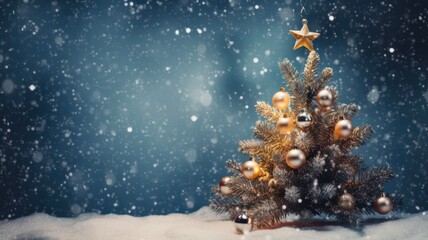 Stunning Snowy Christmas Tree with Rustic Ornaments for Festive Celebrations - Blue Background with Creative Copy Space