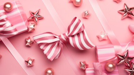Trendy Monochrome Christmas Flat Lay with Pink Gift Boxes, Candy Canes, and Decorative Trinkets on Geometric Pink Background