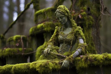 Fototapeta na wymiar a moss-covered statue perches next to a yard pond