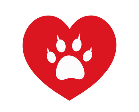 Cat paw footprint in heart. Vector. Love Cats. Animals, Pets, Puppies, Kittens, Dogs . Red heart with cat white paw print inside. Symbol of love. Postcard, emblem, icon, print, cover, sticker, tshirt