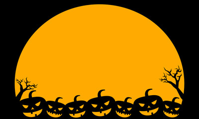 Yellow Black Halloween illustration vector graphic background with pumpkins head, creepy tree branches and trunks, a large full moon, and a copy space area.