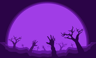 Purple-hued Halloween illustration vector graphic background with zombie hands, crosses on graves, creepy tree branches and trunks, a large full moon, and a copy space area.