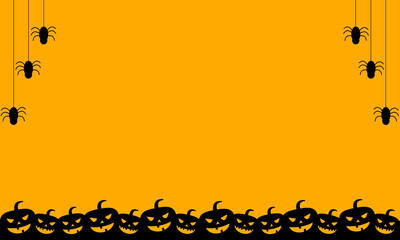Yellow Black Halloween illustration vector graphic background with pumpkins head, hanging spiders and a copy space area