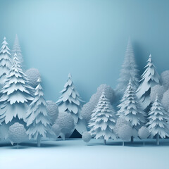 Winter composition with firs and trees covered with snow, paper cut style.
