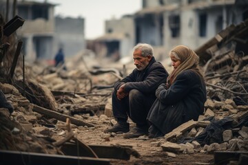 Families grieve and cry over the ruins of their homes. parent child crying in after war