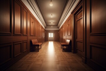 Deserted corridor featuring shut doors, dim wood cabinet, seat, and vacant wall poster. Directly facing. 3D illustration. Generative AI