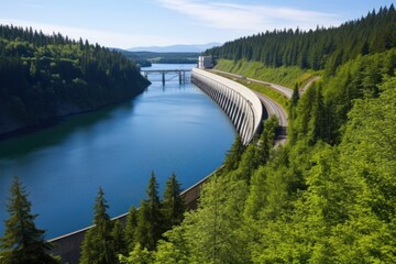 a hydroelectric plant reservoir with surrounding forest