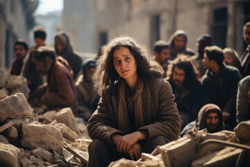 Fototapeta premium Families grieve and cry over the ruins of their homes. parent child crying in after war