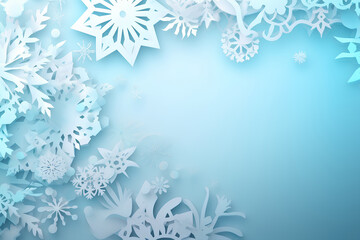 Winter background with different snowflakes in paper cut style.